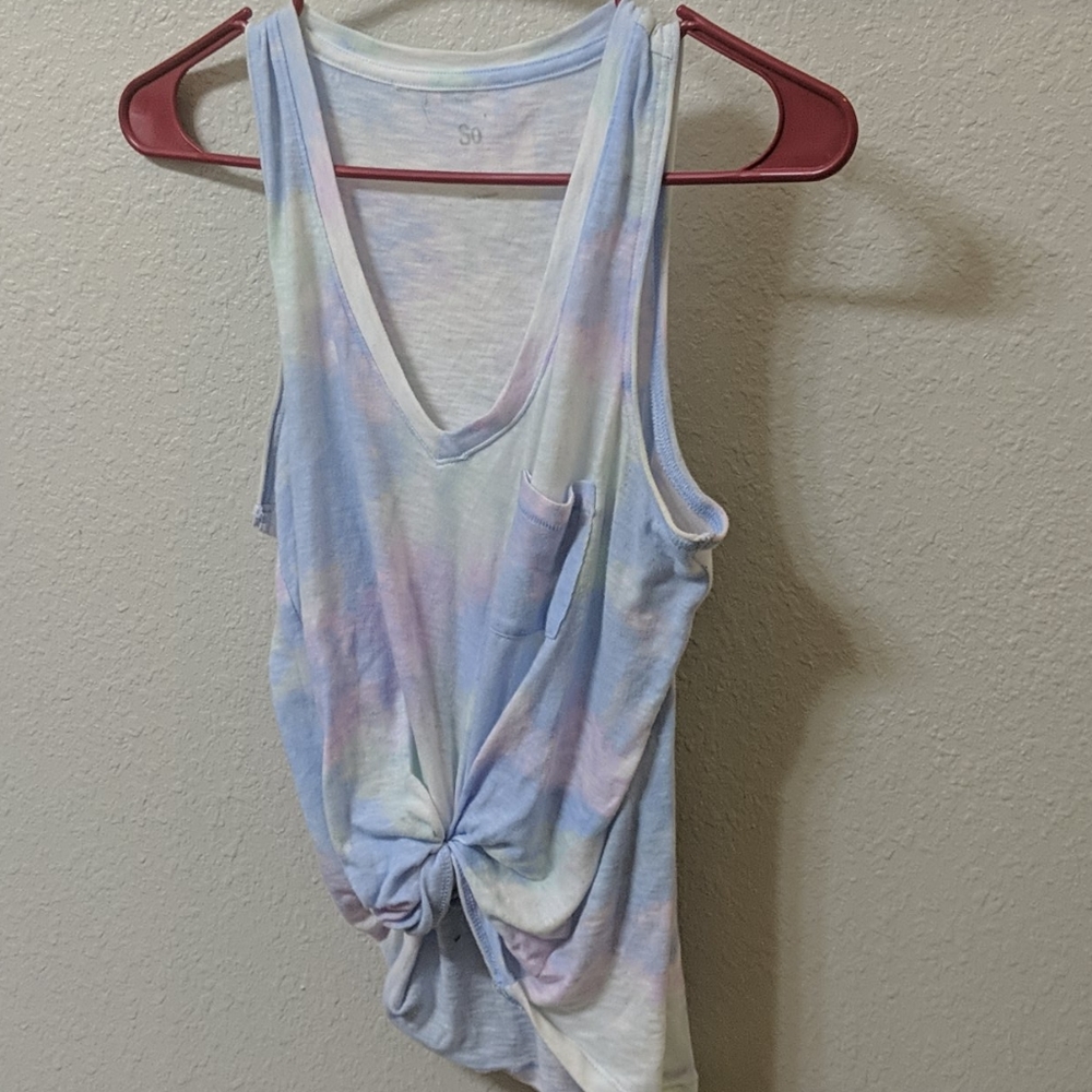 Tie Dye Blue And Pink Low Cut V Neck Tank.
